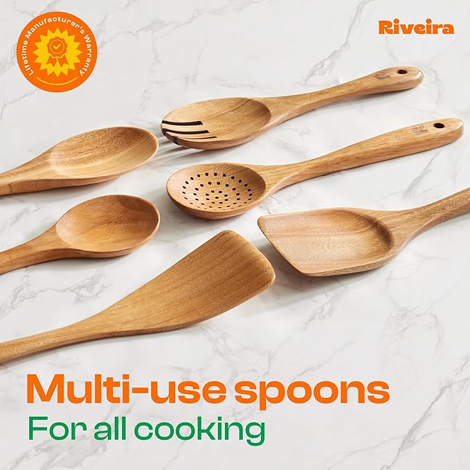 Riveira's 6-Piece Kitchen Essentials - Wooden Spoons for Cooking and Comprehensive Cooking Utensils Set