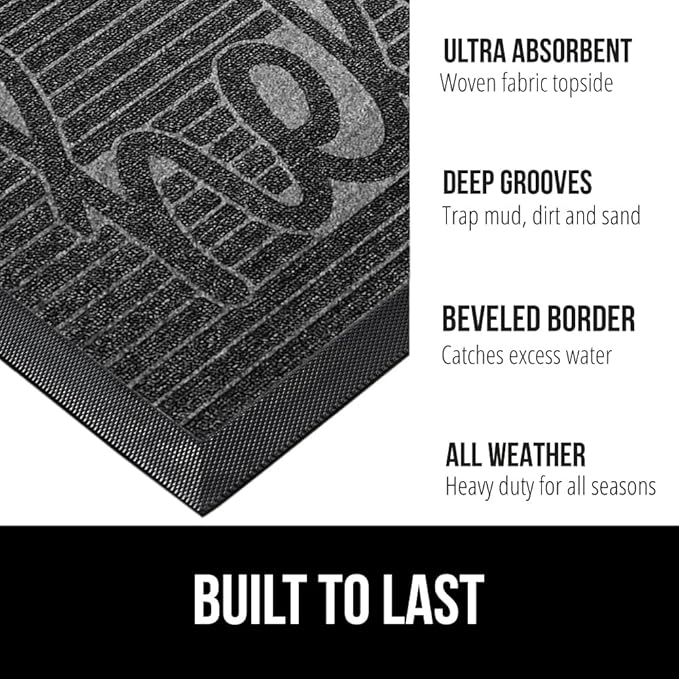 GORILLA GRIP 100% Waterproof All-Season WeatherMax Doormat 35x23, US Designed Natural Rubber, Stain and Fade Resistant, Low Profile Indoor Outdoor Door Mats, Easy Clean Patio Mat, Charcoal Hello
