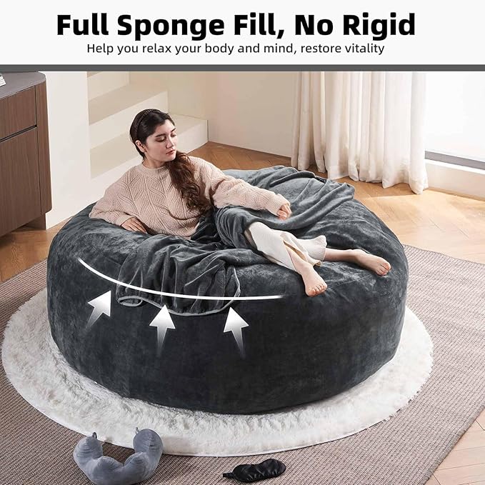 6FT,Oversized Bean Bag Chairs for Adults,Giant beanbag with Filler Included,Fluffy Memory Foam,Soft and Comfy Corduroy Fabric,Gaming Chairs Suitable for Living Room and Bedroom (Dark Gray, 6 Foot)