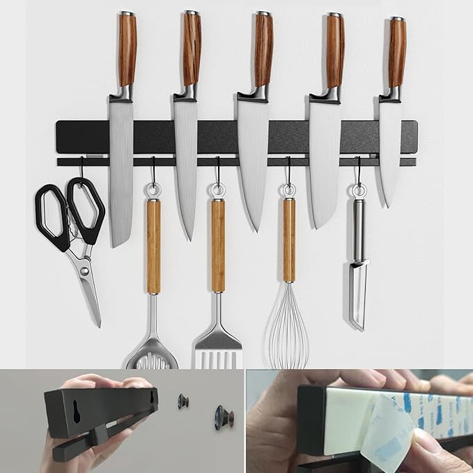 YIIYIIN 12 Inch Magnetic Knife Holder for Wall No Drill,Adhesive Knife Magnetic Strip with 6 Hooks,Kitchen Double Rods Stainless Steel Magnetic Utensil Holder(Black)