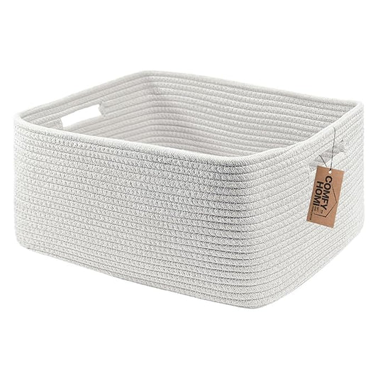 COMFY-HOMI Cotton Rope Woven Basket with Handles for Shelves,Toys,Book, Cloth Storage Baskets for Organizing-17" x 13" x 7.5" Toy Decorative Organizer for Living Room, Bathroom (All White)