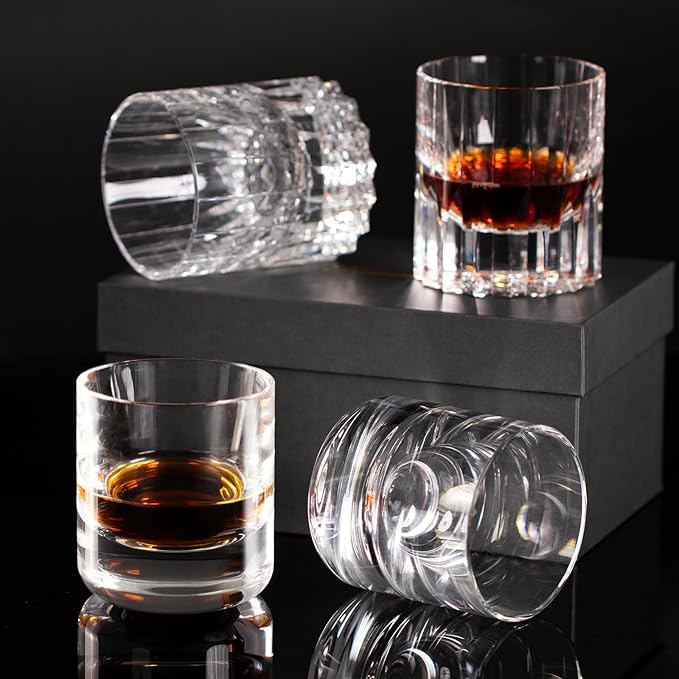 KAMMAK Crystal Whiskey Glasses Set of 2, 6.76oz Old Fashioned Glasses Stemless, Hand Blown White Cocktail Glasses, Engagement Gifts for Couples, Women, Men