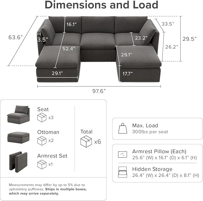 mopio Oversized Modular Sectional Sofa with Fully Removable Covers and Storage, Convertible U, L-Shaped and Sleeper Sectional, Modern Couches with Ottoman Chaise (Stone Gray Fabric, 5 Seats, U)