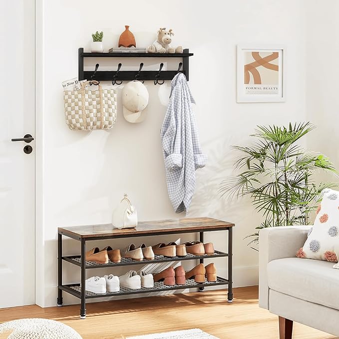 Homode Coat Rack with Shelf, 24" Coat Hooks Wall Mounted with Shelf, Wooden Hanging Coat Hanger with Tri Hooks for Entryway, Bathroom, Mudroom, Bedroom, Black