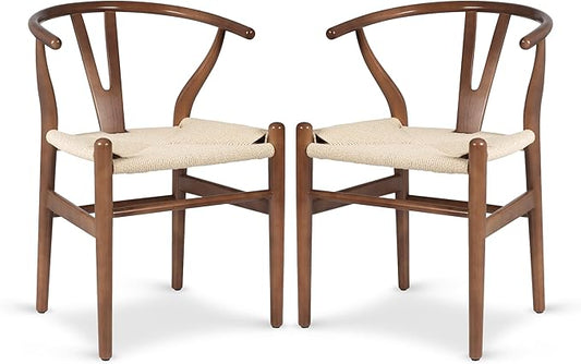 POLY & BARK Weave Dining Chairs – Mid-Century Modern Wishbone Dining Chairs with Arms, Solid Wood Frame, Indoor Use – Walnut– Set of 2 - Ideal for Dining Room, Kitchen or Stylish Accent Setting