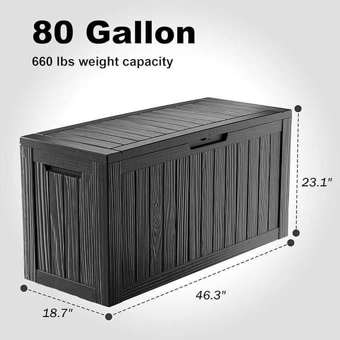 Vixzen 80 Gallon Resin Deck Box, Lockable Outdoor Storage Box for Patio Cushions Storage Furniture,Garden Tools, Pool Supplies, Weatherproof and UV Resistant,Black