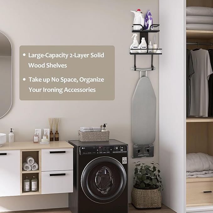 VINAEMO Ironing Board Hanger Wall Mount, 2-Layer Iron and Ironing Board Holder, Laundry Room Shelves Solid Wood with Removable Hooks Home Organization and Storage
