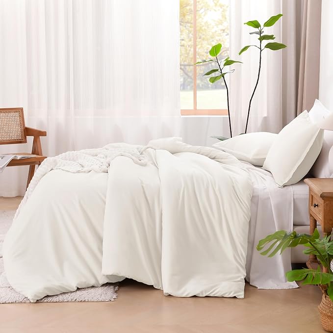 Litanika Ivory Comforter Set Full Size, 3 Pieces Lightweight Solid Bedding Comforter Set, All Season Fluffy Bed Set (79x90In Comforter & 2 Pillowcases)