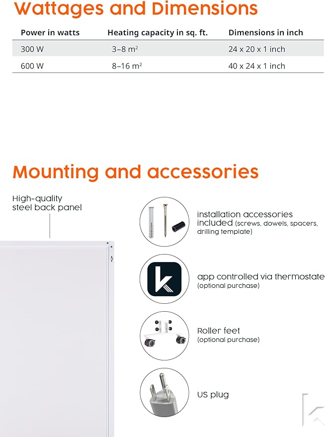 Infrared Space Heater - suited for smaller rooms - potent & energy efficient electric heating - wall-mounted - warms up quickly - over-heating protection - no noise - no maintenance - pleasant warmth