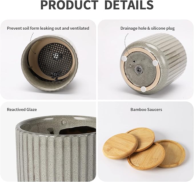 TAMAYKIM 4 Inch Cylinder Ceramic Plant Pots with Drainage Holes & Saucers, Glazed Green Grey Small Boho Planters with Trays for Indoor Flower, Snake Plants, Succulent, Cactus, Set of 4