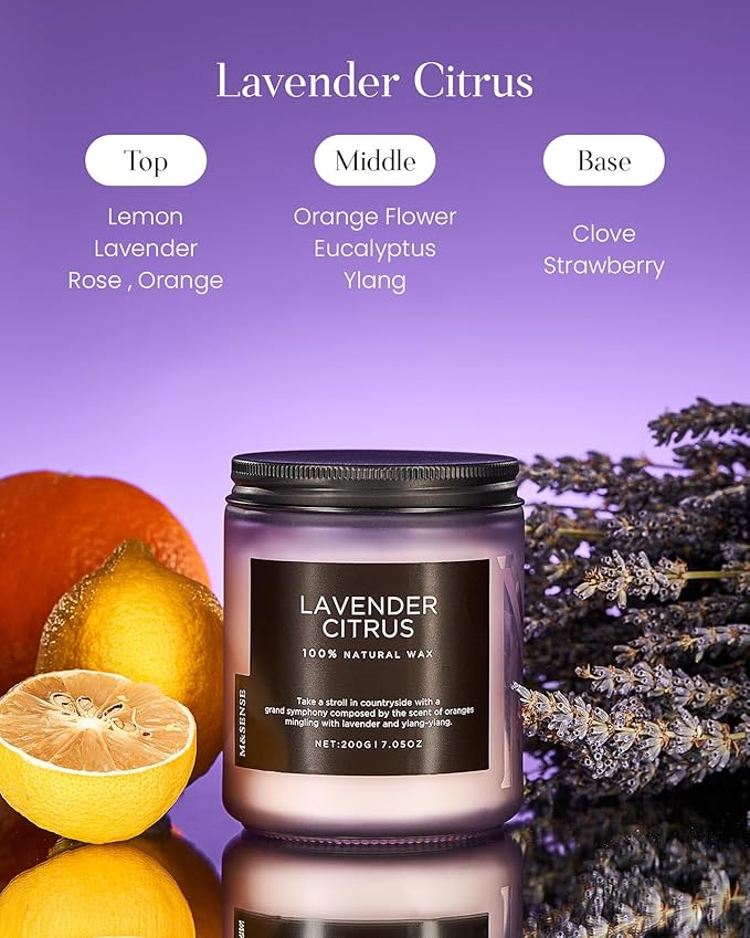 M&SENSE Lavender Citrus Scented Candle, Natural Soy Wax for Home Scented, Stress Relief 7.05oz 50H Burn Time Aromatherapy Candle Gift for Mom Friends Teacher & Spa Bath Yoga