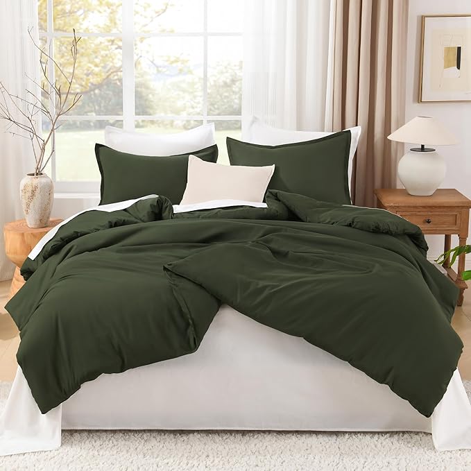 Litanika Comforters Olive Green Oversized Queen Size, 3 Pieces Lightweight Solid Bedding Comforter Set, All Season Fluffy Bed Set (98x98In Comforter & 2 Pillowcases)