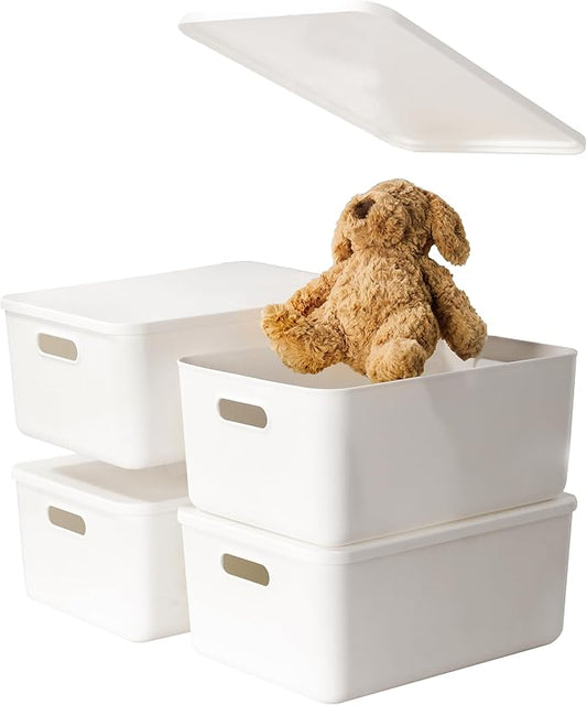 4 pack large plastic White storage bins Baskets, Toy Box Chest with Lids and Handle,Organizer Containers for Baby,Kids,snacks,Nursery,Shelves,Playroom, Bedroom,Office,Closet,home