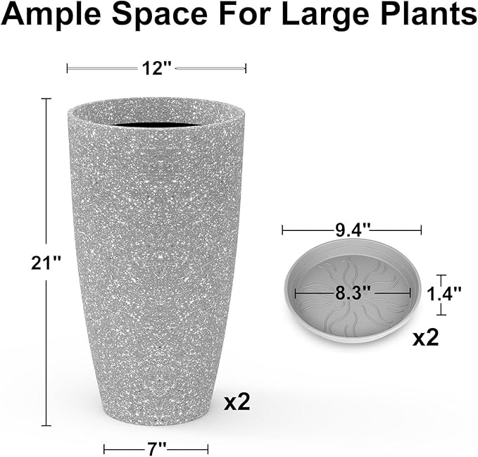 Tall Flower Pot Indoor - Outdoor Plant Pot - Gray Rough Planter - Elegant Stone Imitation - 12" Diameter 21" Tall with Drainage Holes and Saucer