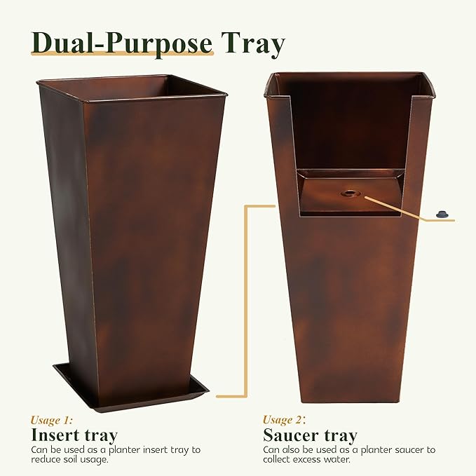 WORTH Garden Large Metal Planter Set of 2 (25" & 28" H.), Matte Bronze Retro Finish Tall Square Tapered Steel Plant Pots, Decor Flower Pot Indoor & Outdoor, Drainage Hole & Dual-Purpose Plant Saucer