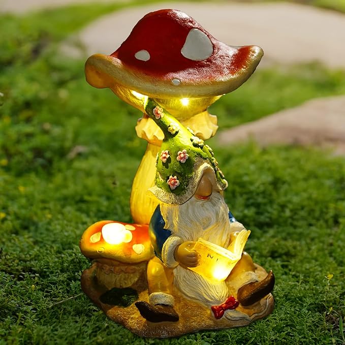 Upgraded Size Solar Garden Outdoor Statues Gnome Reading Under Mushroom with 5 LED Solar Figurine for Lawn,Patio,Balcony,Yard Decor Unique Housewarming Gift for Grandfather, Father,Grandma,Wen