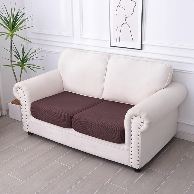 hyha Waterproof Couch Cushion Covers for Pets, Non Slip Sofa Seat Cover for Dogs Washable, Soft Thick Stretch Jacquard Fabric, Sofa Slipcovers with Elastic Bottom (2 Pieces, Chocolate)