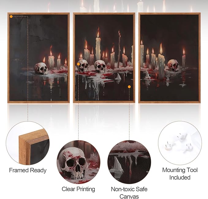 Aurlan Gothic Bloody Skull and Candles Framed Wall Art(16"x24"), 3PCS Horror Dark Academia Halloween Skeleton Canvas Artwork, Modern Goth Spooky Creepy Ghost Decor for Home Office Bedroom