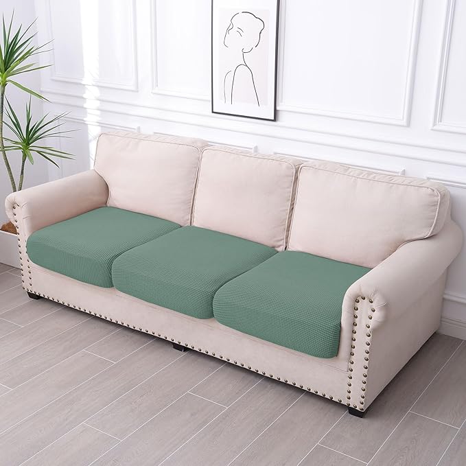 hyha Waterproof Couch Cushion Covers for Pets, Non Slip Sofa Seat Cover for Dogs Washable, Soft Thick Stretch Jacquard Fabric, Sofa Slipcovers with Elastic Bottom (3 Pieces, Green)