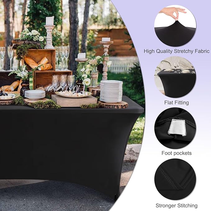 ABCCANOPY 4 Pack 6 FT Black Spandex Table Cover Stretch Fitted Wrinkle Resistant Tablecloth Reuse for Rectangular Folding Table Patry Event Wedding Banquet Protector