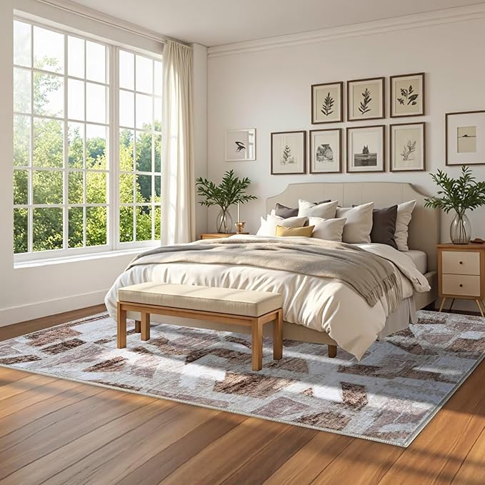 Modern Abstract 5X7 Area Rug for Living Room Bedroom Washable, with Non-Slip Rubber Backing Print Faux Wool Thin, Brown Throw Large Carpet for Kids Playroom Dining Room Pet & Child Friendly