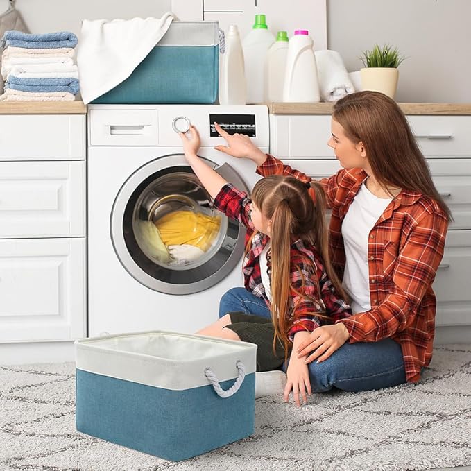 Storage Basket for Organizing - 17X15X12 inch 2 Pack Canvas Storage Bin for Shelves, Fabric Storage Cubes for Cloth Decorative Books Nursery (White & Green)