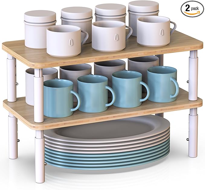Cabinet Organizer Shelf, Spice Rack Set of 2 Kitchen Pantry Cupboard Shelves, Stackable, Height Adjustable, Natural Bamboo (15.6" W)