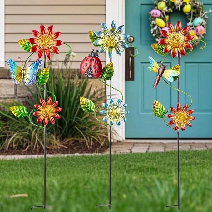 3 Pcs Sunflower&Butterly&Ladybug&Dragonfly Decorative Garden Stakes,23.5 in Metal Sunflower Yard Art for Outside Decor,Spring Outdoor Decor for Mom,Women,Grandma