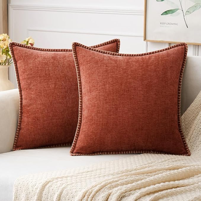 MIULEE Pack of 2 Fall Couch Throw Pillow Covers 18x18 Inch Burnt Orange Farmhouse Decorative Pillow Covers with Stitched Edge Soft Chenille Solid Dyed Pillow Covers for Sofa Bed Living Room