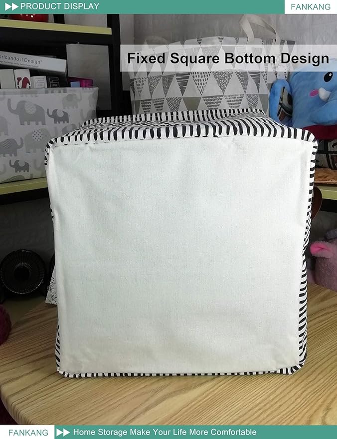 FANKANG Square Nursery Hamper Storage Bins Canvas Laundry Basket Foldable with Waterproof PE Coating Storage Baskets Gift Baskets for Children, Office, Bedroom, Clothes(Square-Black Lines )