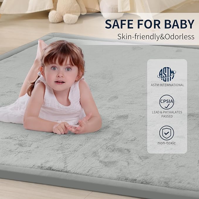 ACOMOPACK Baby Play Mat for Floor 1.3" Thick Memory Foam Play Mat 79"×157 Tummy Time Crawling with Non-Slip Bottom for Living Room,Nursery,Soft Velvet Playpen Mats for Kids,Infants(Light Grey)