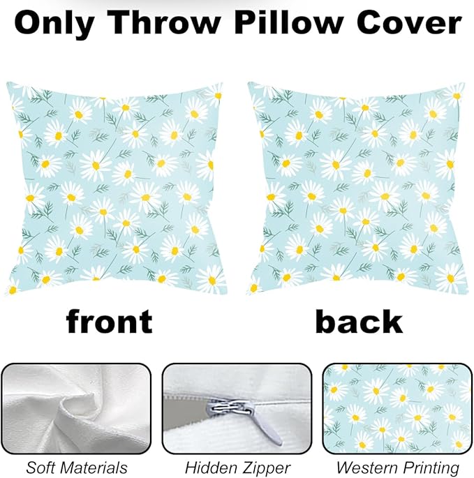 2 Pack Retro Cute Daisy Decor Throw Pillow Covers, 18x18 Pillow Cover, Decorative Couch Pillow Covers Flower Decor Pillowcase for Sofa Cushion Sofa Home Bedroom Office Car Seat Living Room