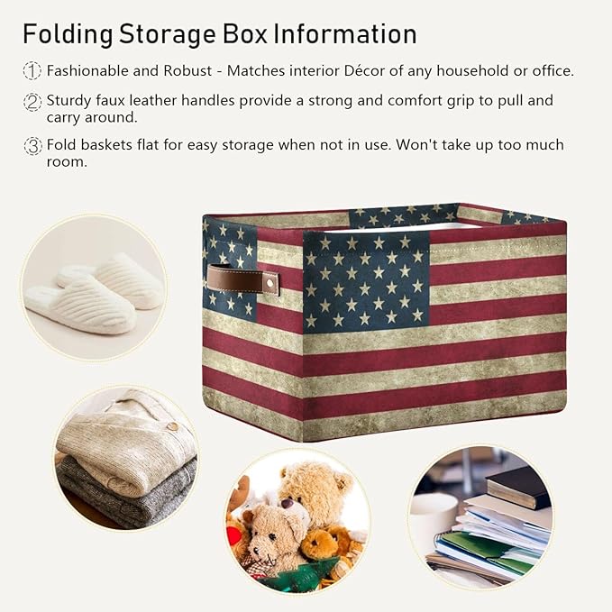 Storage Basket Bin Vintage Retro American Flag Organizer Basket Collapsible Shelf Basket Cube with handle for Nursery Bedroom Bathroom, one sizex1