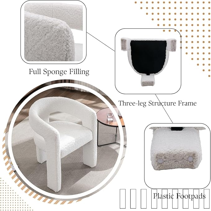 White Boucle Dining Chairs Set of 4, Modern Barrel Dining Room Chairs Upholstered Faux Fur Accent Chair with Arms and Round Back for Living Room Kitchen Armchair No Assembly Needed