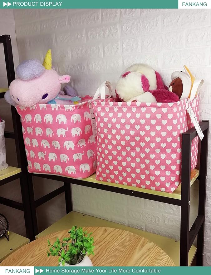 FANKANG Square Nursery Hamper Storage Bins Canvas Laundry Basket Foldable with Waterproof PE Coating Storage Baskets Gift Baskets for Children, Office, Bedroom, Clothes(Square-Pink Heart )