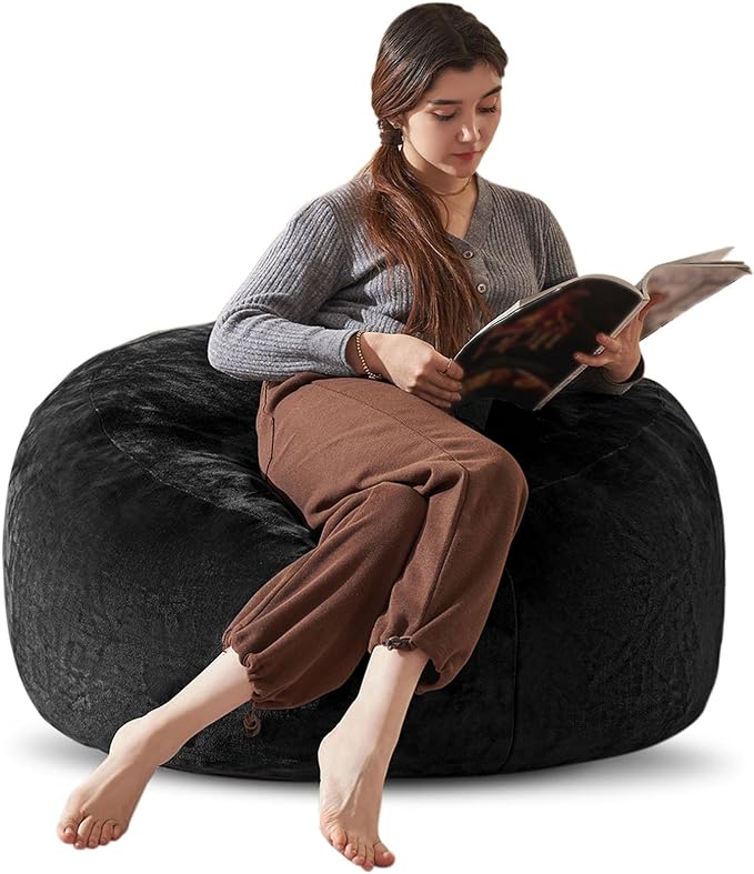 Bean Bag Chair 3Ft, Memory Foam Filled, Large Beanbag Chairs for Adults and Teens, Soft Sofa with Removable Flannel Cover, Round Couch for Living Room Bedroom College Dorm (Black, 3FT-36×36"×24")