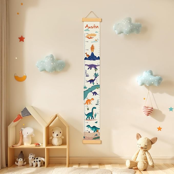 Personalized Name Growth Chart Wall Decor for Kids – Canvas Removable Height Chart Measuring Ruler 59" x 7.9" (Dinosaurs)