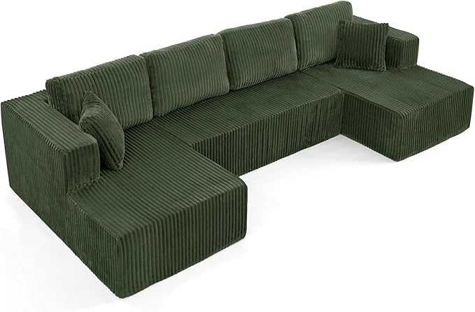 HYJT-H&K Modular Sectional Sofa Cloud Secttional Couch, 132" Comfy U Shaped Couches for Living Room, Deep Seat Memory Foam Fluffy Plush Corduroy Boneless Couch Sectionals with Chaise, Green
