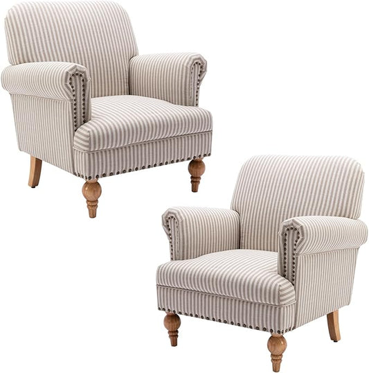 chairus Linen Accent Chair for Living Room Set of 2 Upholstered Mid Century Modern Single Sofa Chair with Solid Wood Legs Comfy Reading Chair Armchair for Bedroom/Office/Recption/Lounge, Khaki Stripe