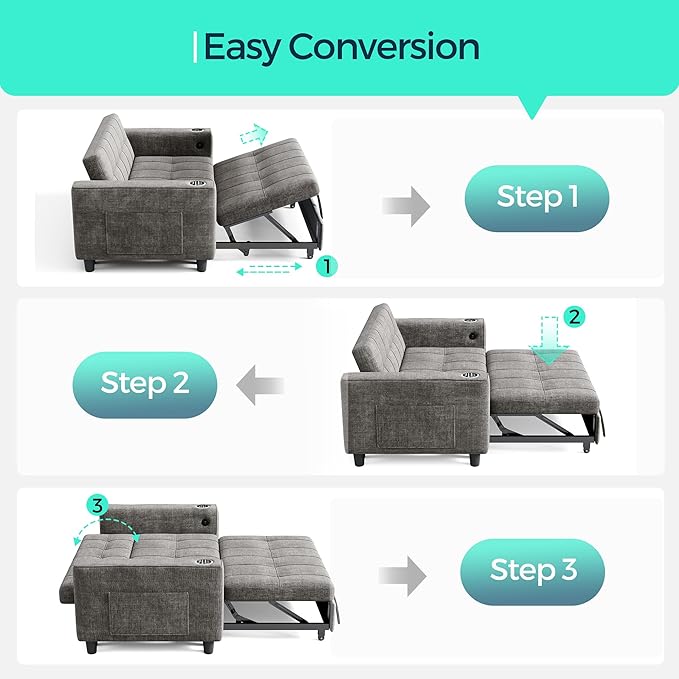 LINSY 3-in-1 Convertible Sofa Bed, 54" Pull Out Sleeper Sofa with Charging Station & Cup Holder, Small Folding Loveseat with Side Pocket for Small Space, Corduroy Couch, Gray