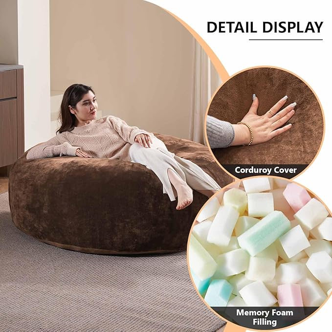 4FT Large Bean Bag Chairs,Big Adult Size Memory Foam Beanbags with Filler Included,Machine Washable Corduroy Cover,Soft Plush Gaming Bing Bag Puff Chair for Dorm, Living Room & Bedroom (Coffee Color)