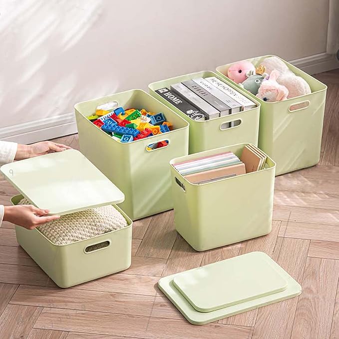 5 pack large plastic White storage bins Baskets, Toy Box Chest with Lids and Handle,Organizer Containers for Baby,Kids,snacks,Nursery,Shelves,Playroom, Bedroom,Office,Closet,home