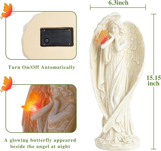 Angel Figurine, Large Angel Garden Statues Outdoor with Butterfly Solar LED Lights Lawn Decorations Yard Ornament Sculptural for Outside Patio Decor, Angel Gardening Gifts
