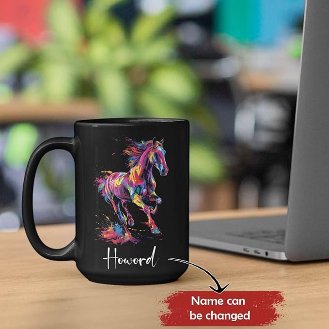 Horse Animal Themed Coffee Mug, Personalized Name Horse Black Cup, Gift For Men Women, Colorful Horse Design Mug, Customized Horse Animal Cup 11oz 15oz, Custom Horse Ceramic Mug