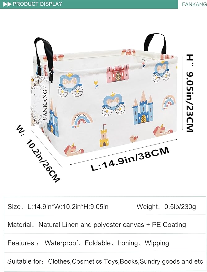 FANKANG Storage Bins, Nursery Hamper Canvas Laundry Basket Foldable with Waterproof PE Coating Large Storage Baskets for Kids Boys and Girls, Office, Bedroom, Clothes,Toys(Rec-castle carriage )