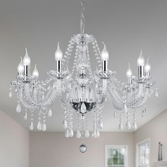 Modern Elegant 10 Lights K9 Crystal Glass Chandelier Silver Pendant Ceiling Lighting European Style for Dining Living Room Bedroom Transparent, 10 E12 Bulbs Required