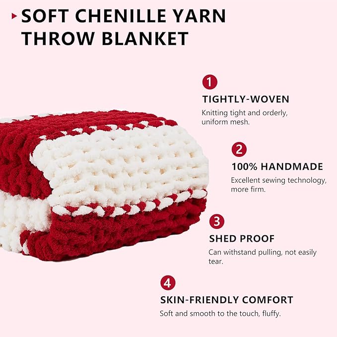 L'AGRATY Chunky Knit Blanket Throw - Soft Chunky Throw Blanket 30x40: 100% Hand Kintted Chenile Crochet Throw Blanket for Couch - Large Cable Knit Chunky Blanket for Home Decor(Red and White)