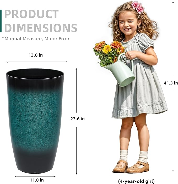 23.6" H Large Tall Outdoor Planters, Set of 2 Plastic Large Flower Pots for Outdoor Plants, with Gradient Turquoise Finish, Weather-Resistant for Porch, Garden, Patio or Indoor Use