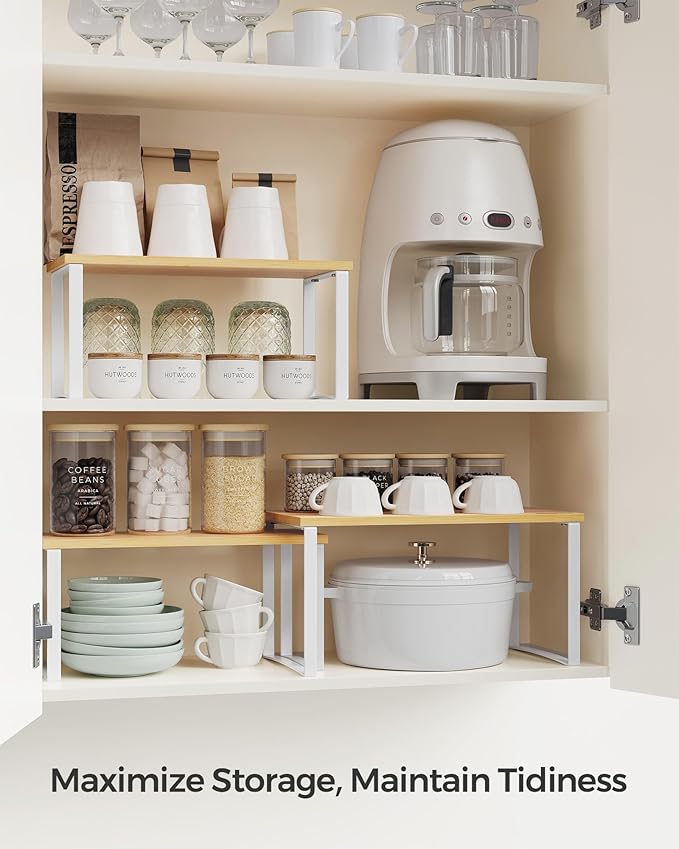 SONGMICS Cabinet Organizer Shelf, Set of 3 Kitchen Counter Shelves, Kitchen Storage, Spice Rack, Stackable, Expandable, Cloud White and Natural Beige UKCS014W01