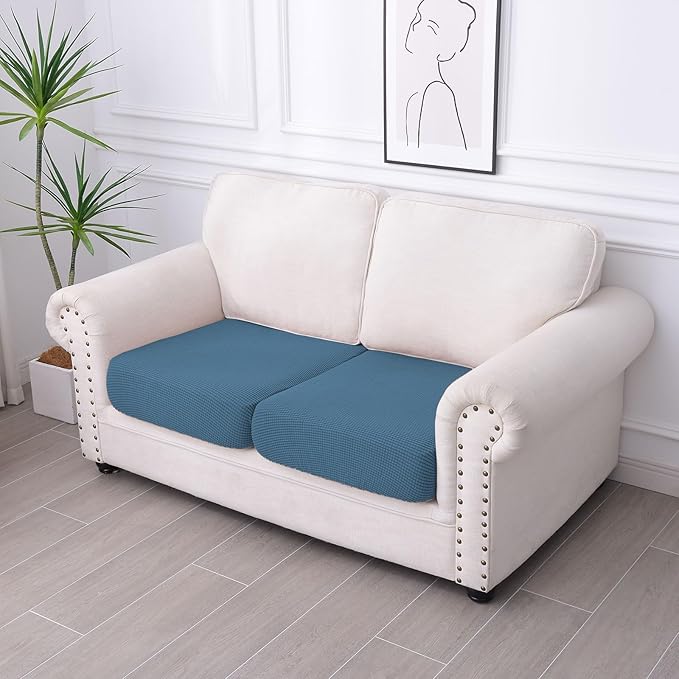 hyha Waterproof Couch Cushion Covers for Pets, Non Slip Sofa Seat Cover for Dogs Washable, Soft Thick Stretch Jacquard Fabric, Sofa Slipcovers with Elastic Bottom (2 Pieces, Blue)